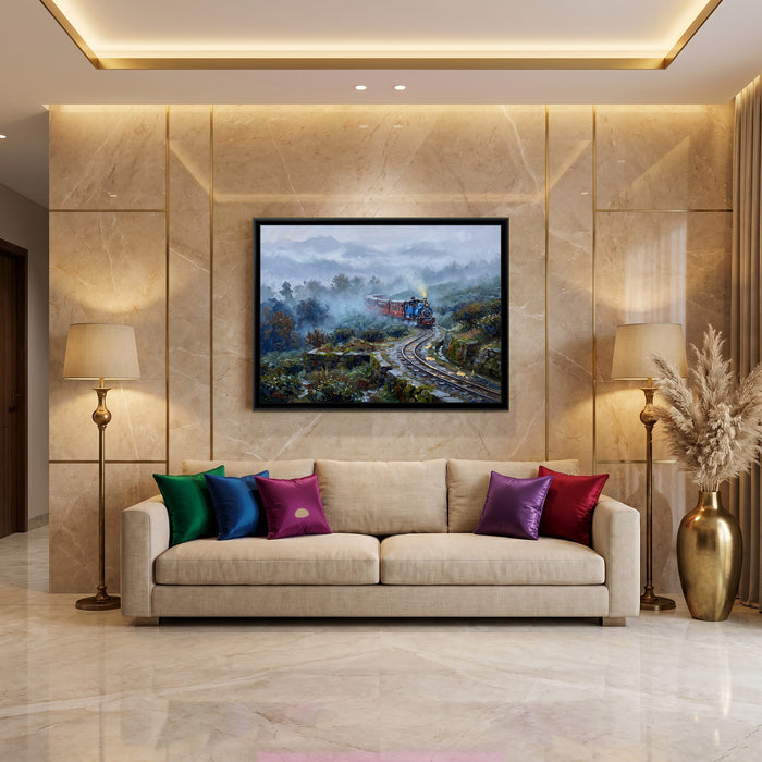 Toy Train Loop in Monsoon Mist, canvas in a room