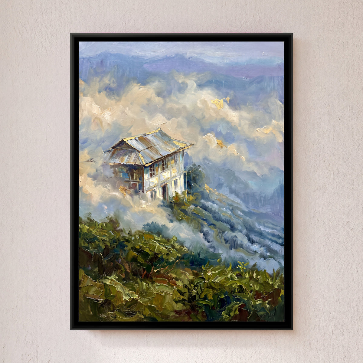 Tea Bungalow in the Clouds, framed canvas print on a wall