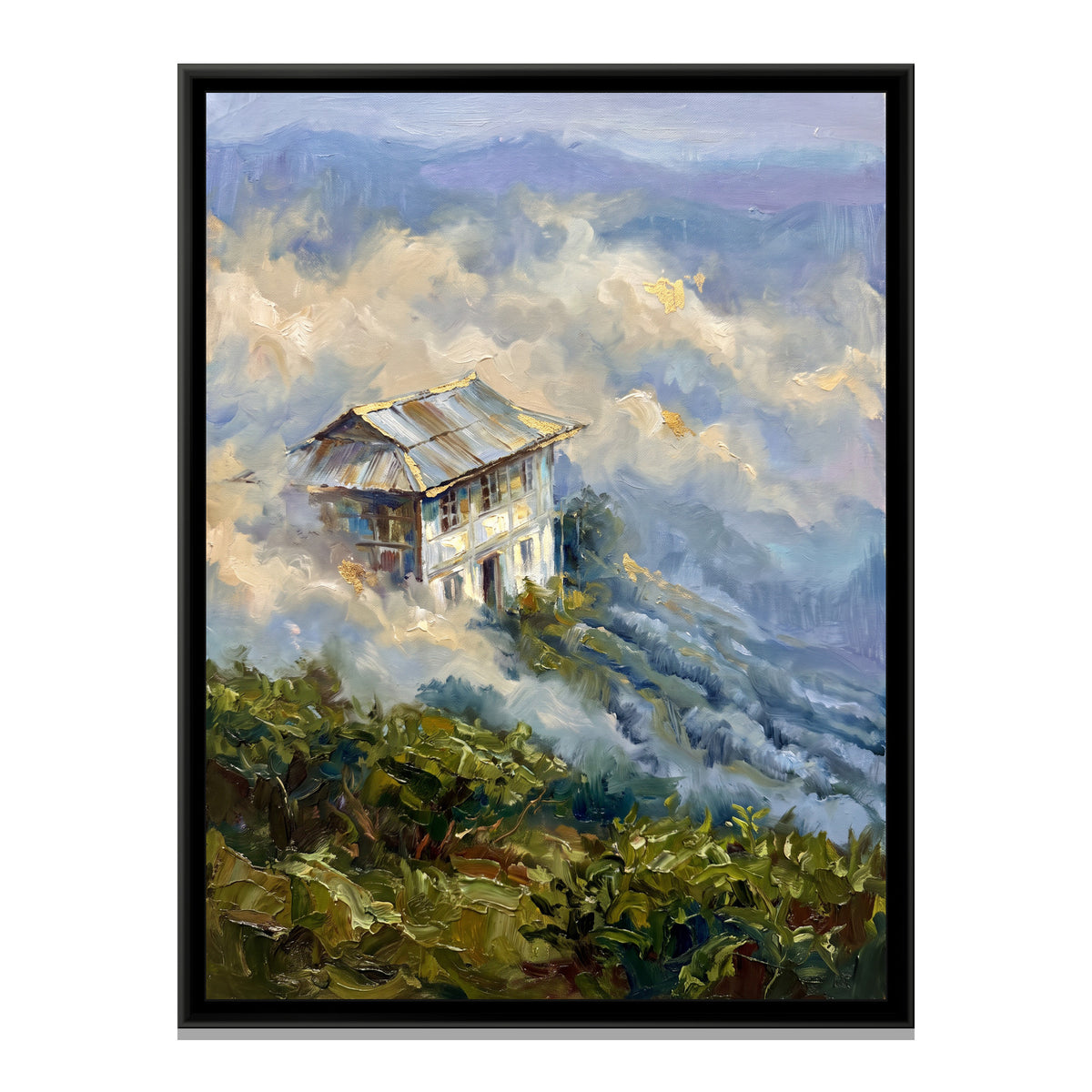 Tea Bungalow in the Clouds, canvas print in a floater frame on a plain white background