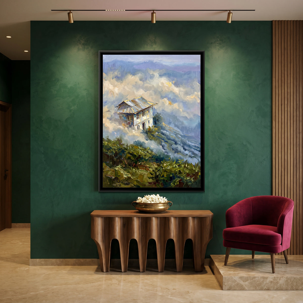 Tea Bungalow in the Clouds, canvas print shown in a room