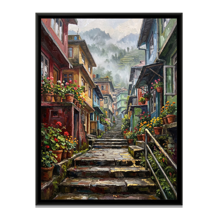 Hillside Stairs in Darjeeling, canvas print in a floater frame on a plain white background