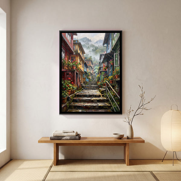Hillside Stairs in Darjeeling, canvas in a room