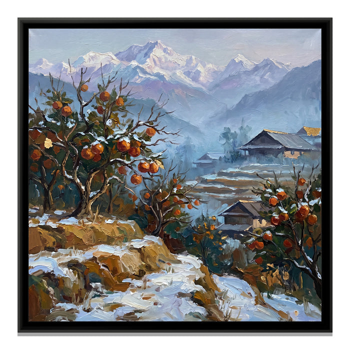 Orange Orchard in Sikkim Winter, canvas print in a floater frame on a plain white background