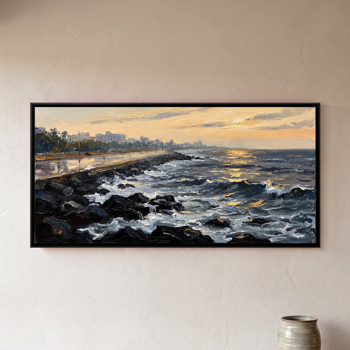 Promenade Beach at Dawn, framed canvas print on a wall