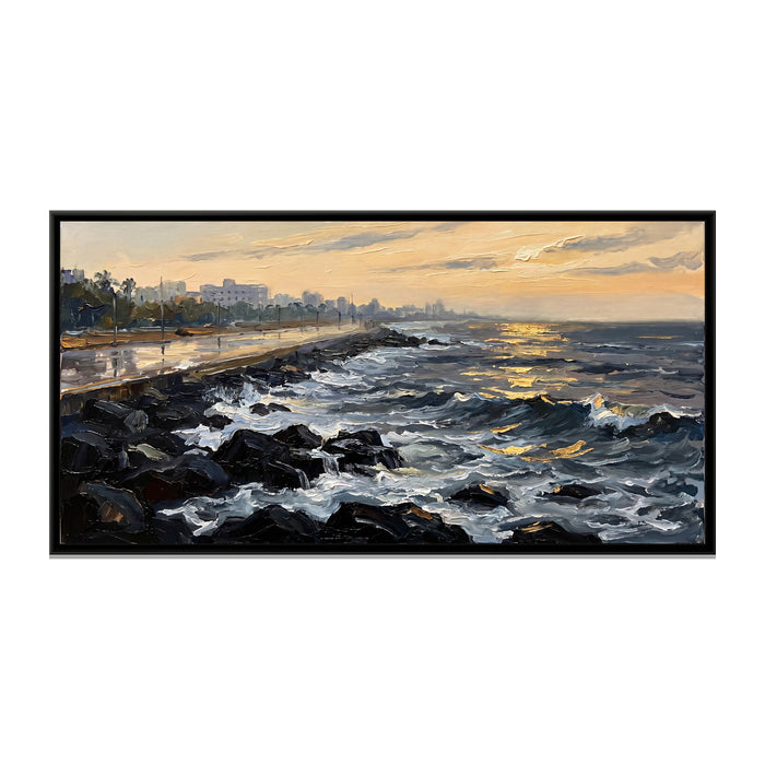Promenade Beach at Dawn, canvas print in a floater frame on a plain white background