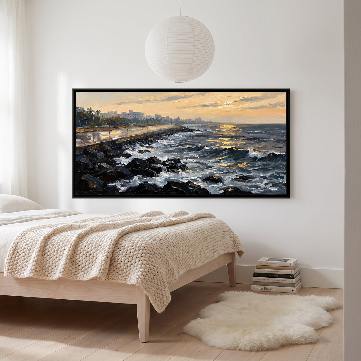 Promenade Beach at Dawn, canvas print shown in a room