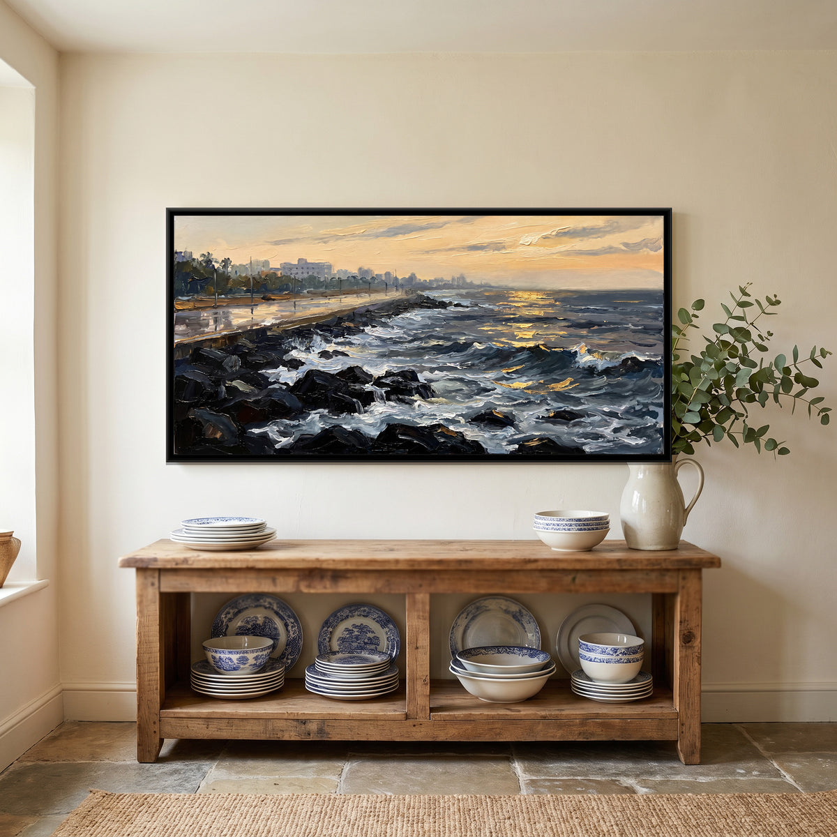 Promenade Beach at Dawn, canvas print shown in a second room