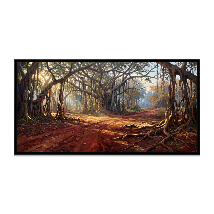 Red Earth Road under Banyans, canvas print in a floater frame on a plain white background