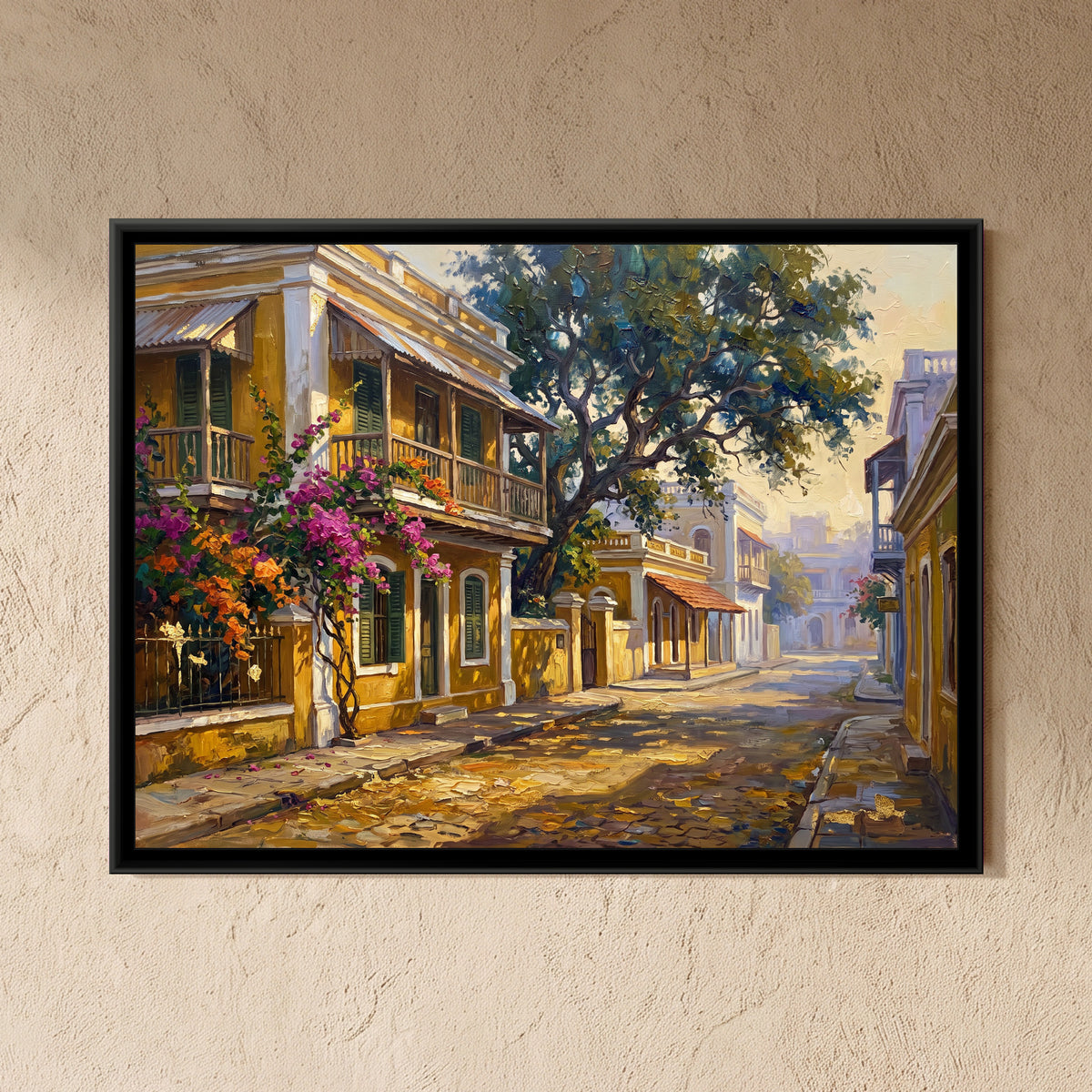 French Quarter Street in Yellow, framed canvas print on a wall