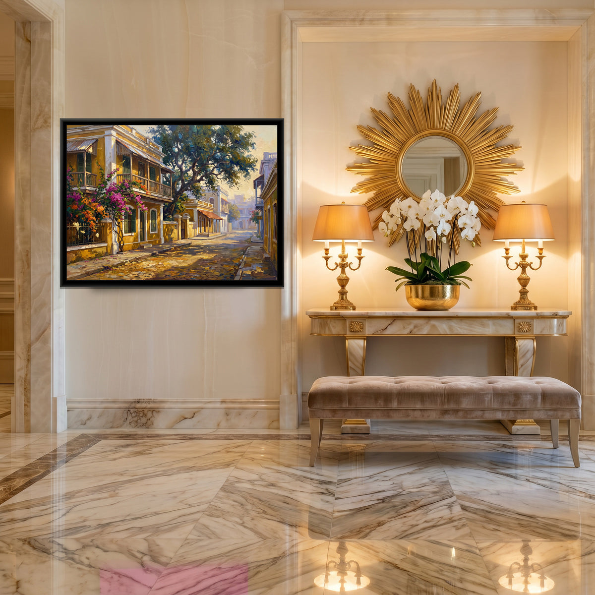French Quarter Street in Yellow, canvas print shown in a second room