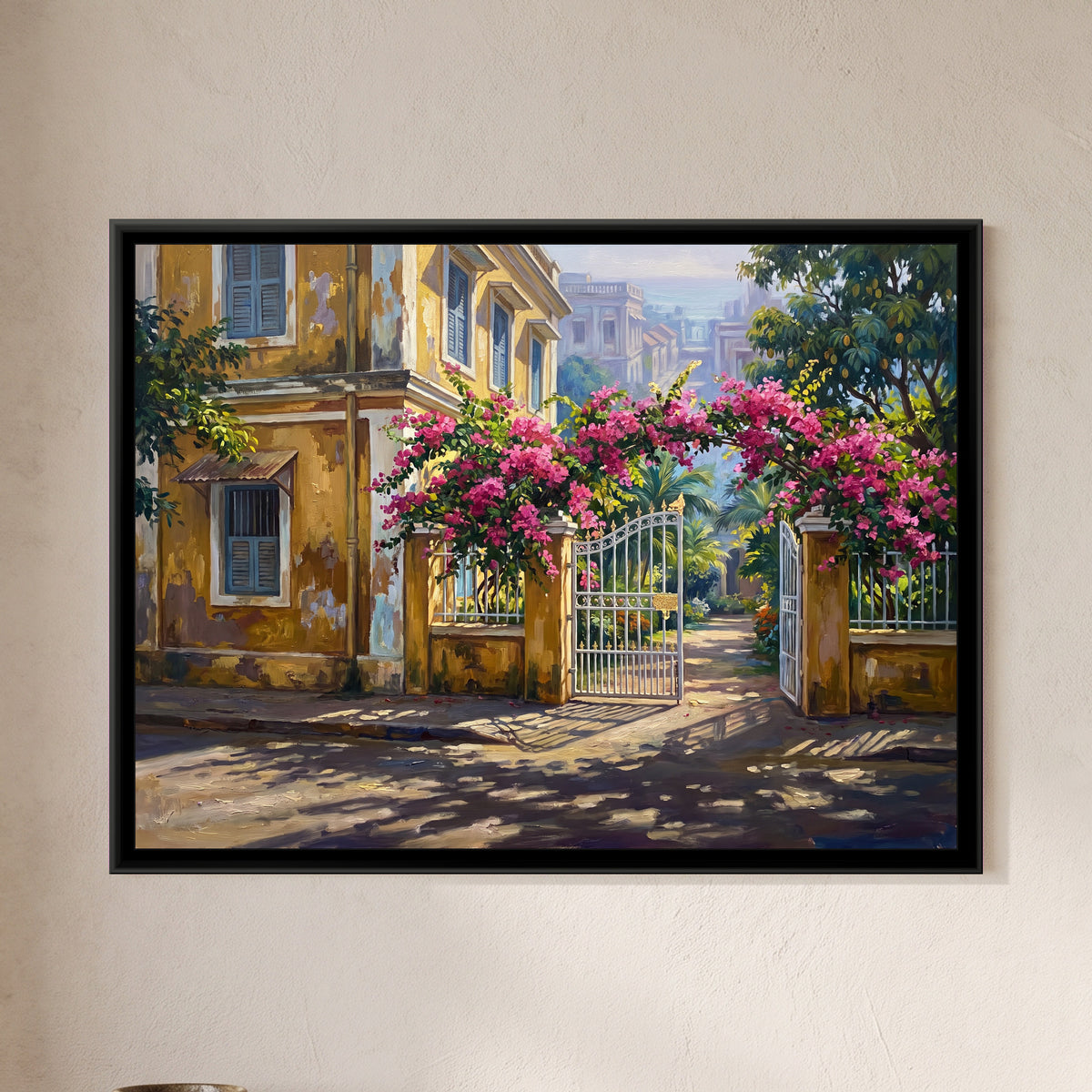 Mustard Villa and Bougainvillea Gate, framed canvas print on a wall