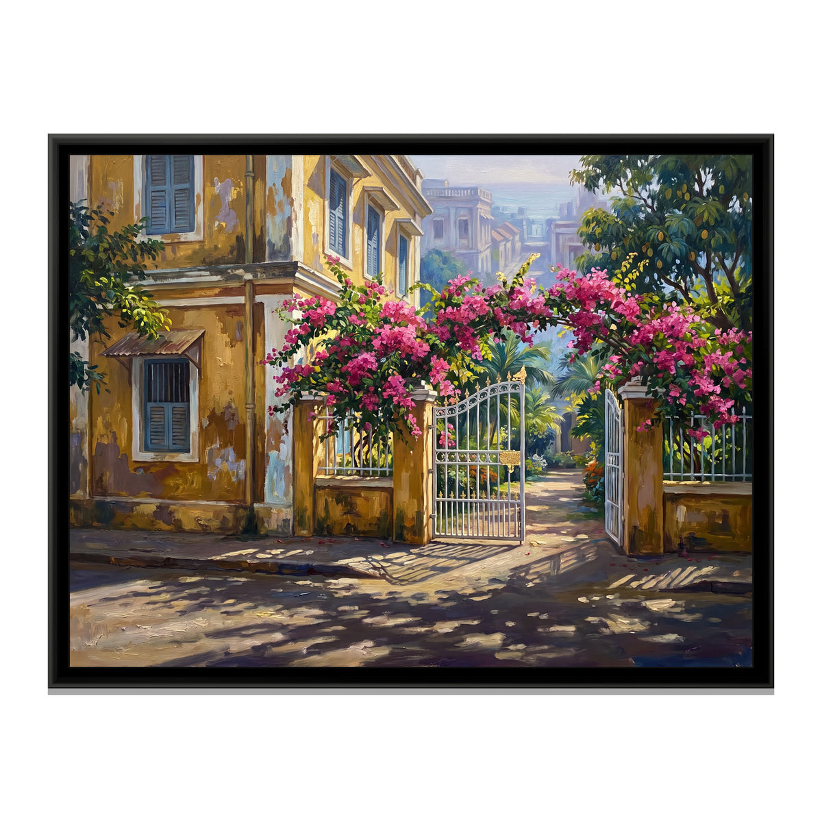 Mustard Villa and Bougainvillea Gate, canvas print in a floater frame on a plain white background