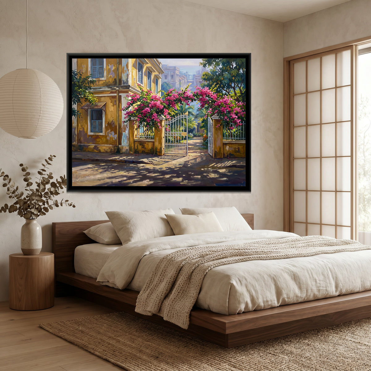 Mustard Villa and Bougainvillea Gate, canvas print shown in a second room