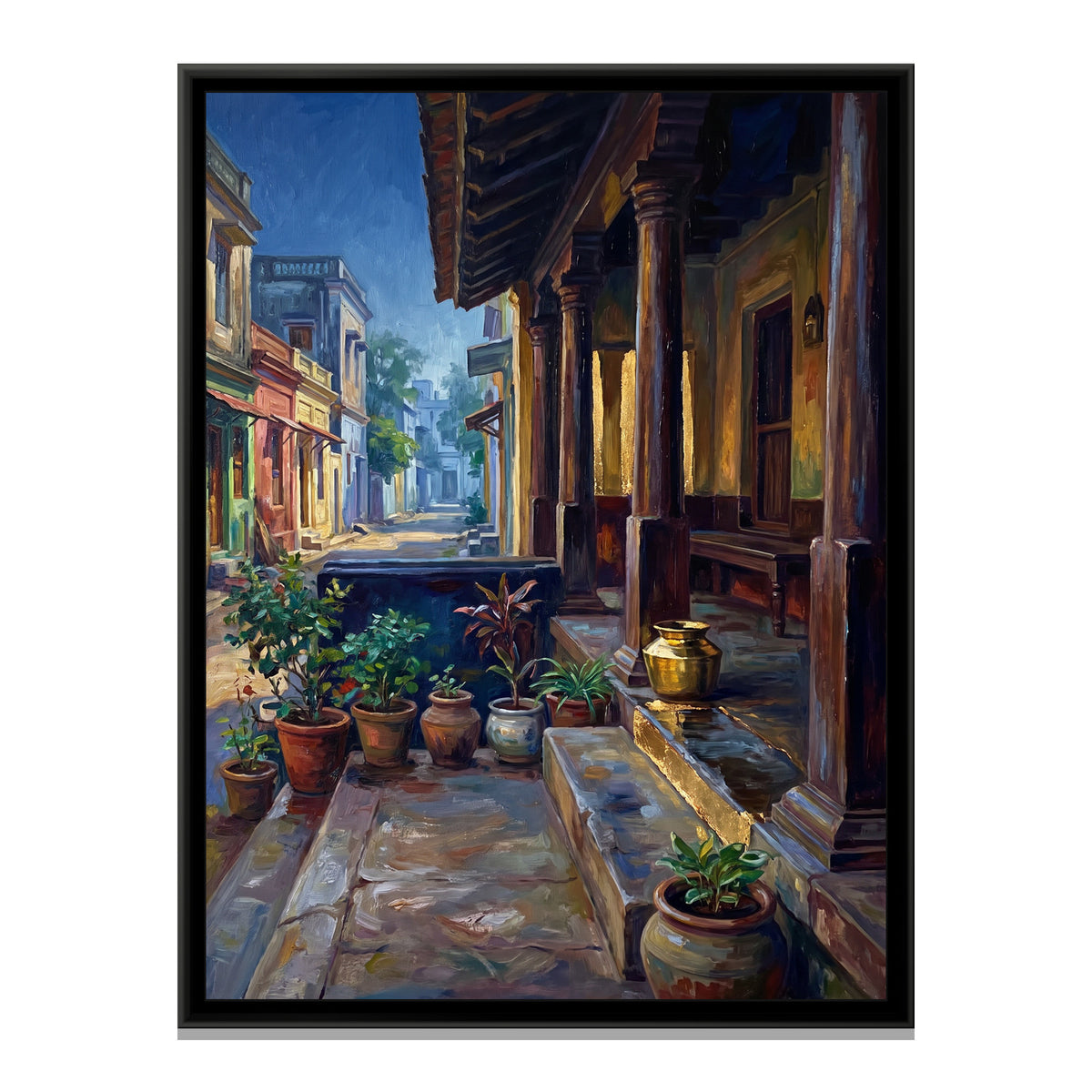 Tamil Quarter Verandah, canvas print in a floater frame on a plain white background