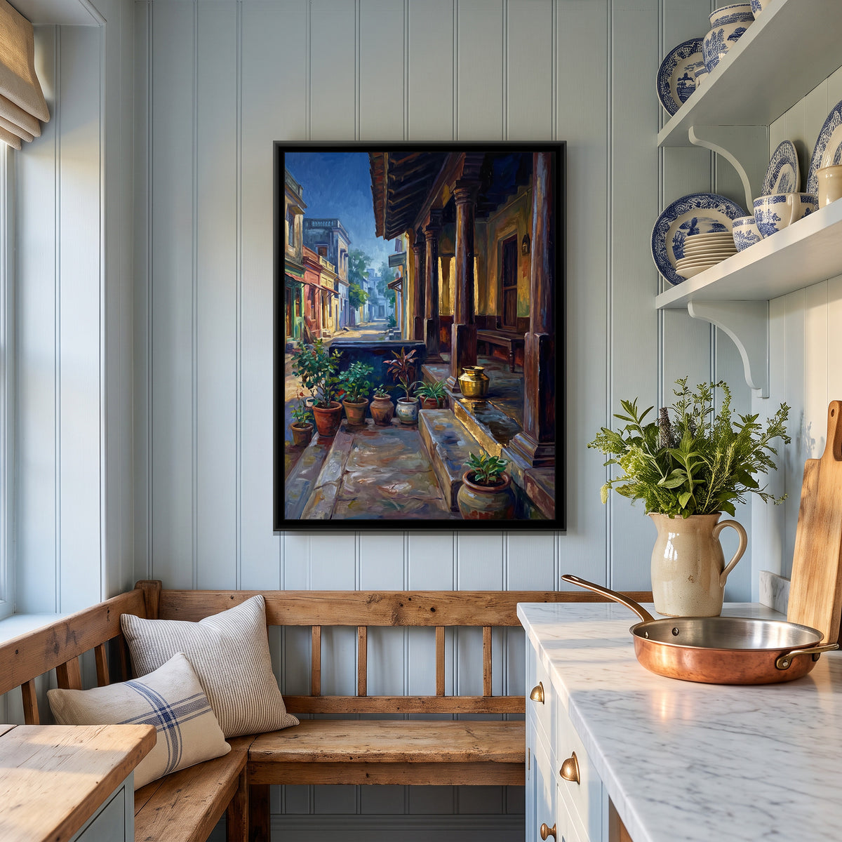 Tamil Quarter Verandah, canvas print shown in a second room
