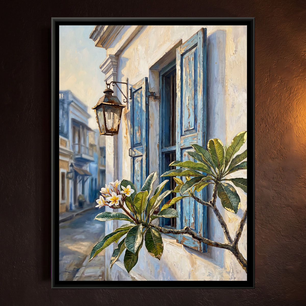 Blue Shutters and a Lantern, framed canvas print on a wall