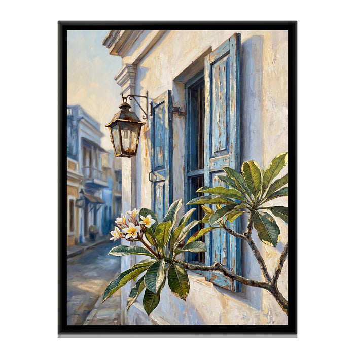 Blue Shutters and a Lantern, canvas print in a floater frame on a plain white background