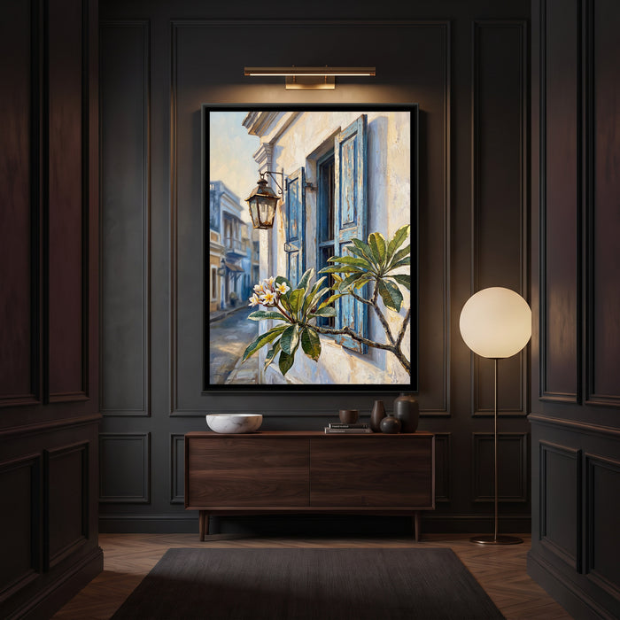 Blue Shutters and a Lantern, canvas print shown in a room