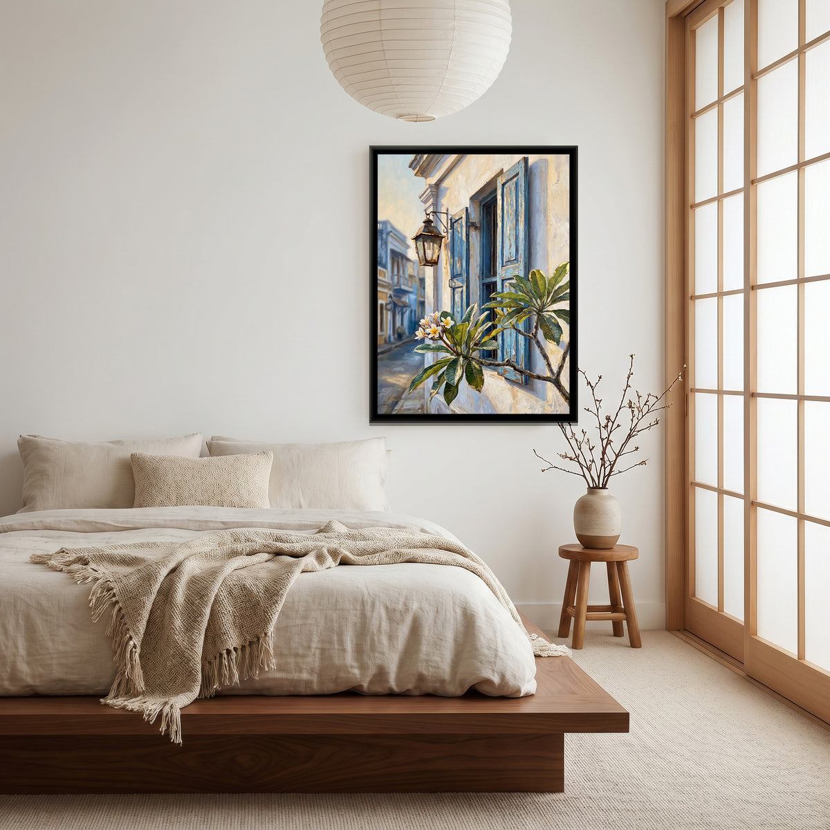 Blue Shutters and a Lantern, canvas print shown in a second room
