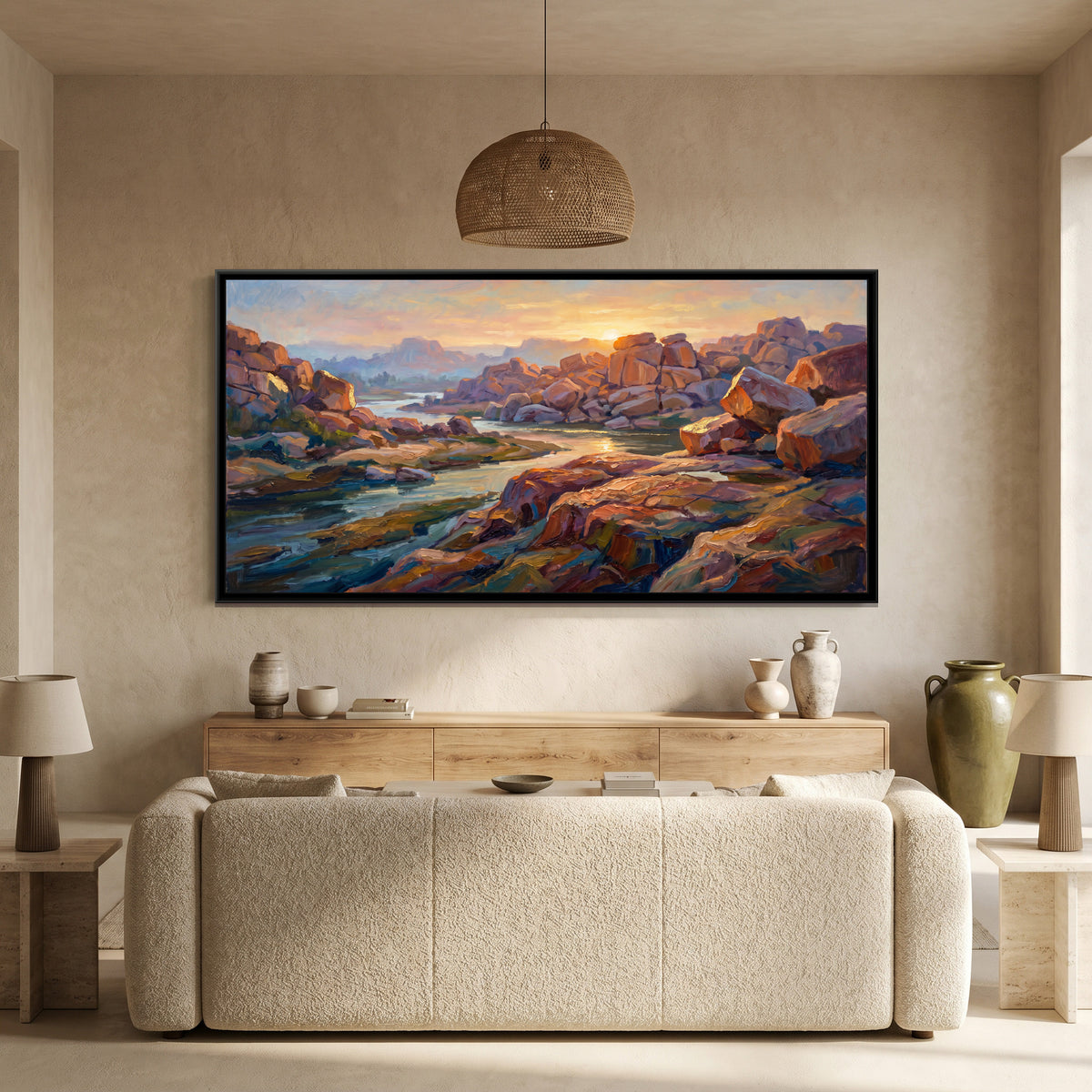 Tungabhadra and the Boulder Hills at Sunrise, canvas print shown in a room