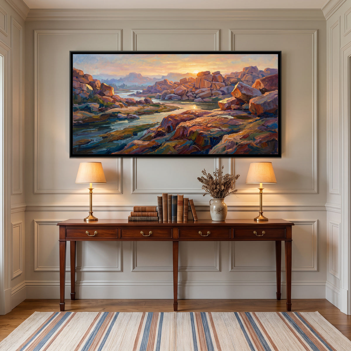 Tungabhadra and the Boulder Hills at Sunrise, canvas print shown in a second room