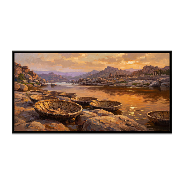 Coracles on the Tungabhadra, canvas print in a floater frame on a plain white background