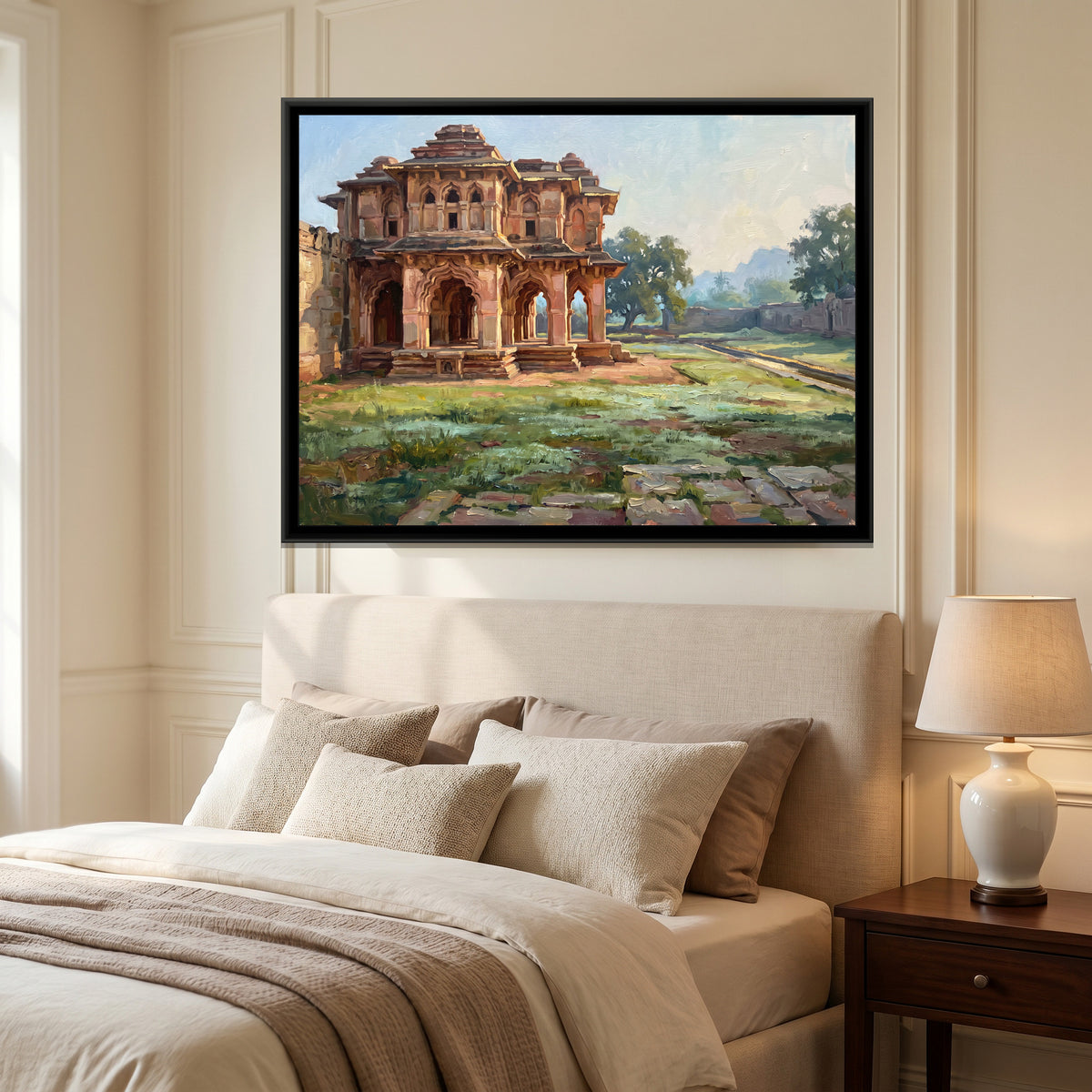 Lotus Mahal Pavilion in Morning Light, canvas print shown in a second room
