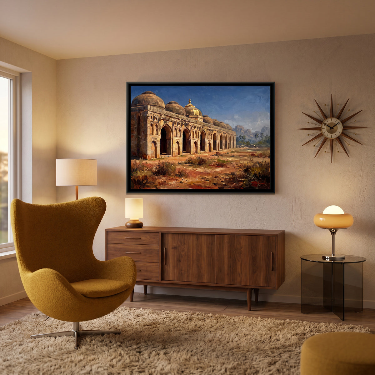 Elephant Stables at Noon, canvas print shown in a second room