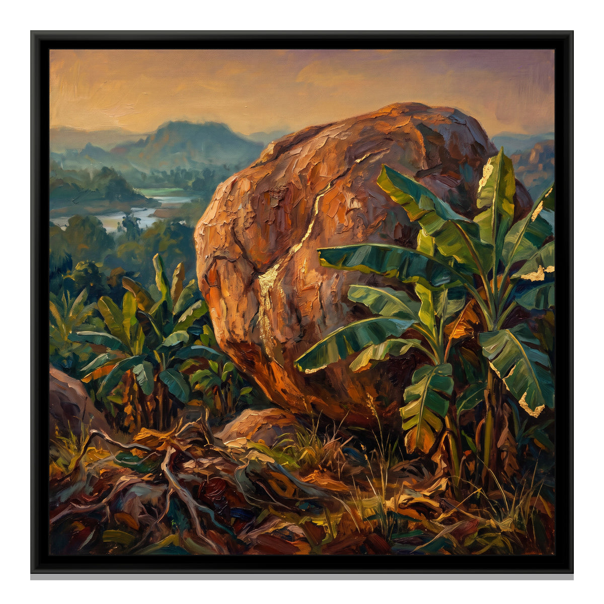 Banana Groves and Granite at Anegundi, canvas print in a floater frame on a plain white background