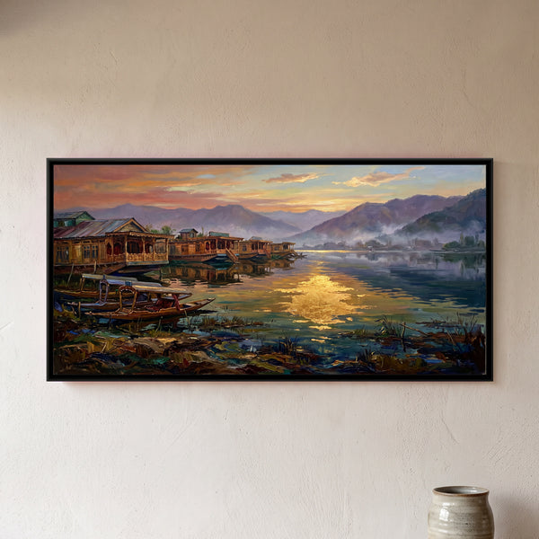 Dal Lake at Dawn with Houseboats, canvas in a room