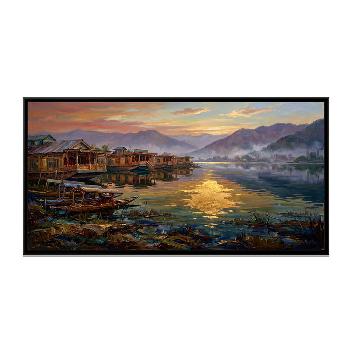 Dal Lake at Dawn with Houseboats, canvas print in a floater frame on a plain white background