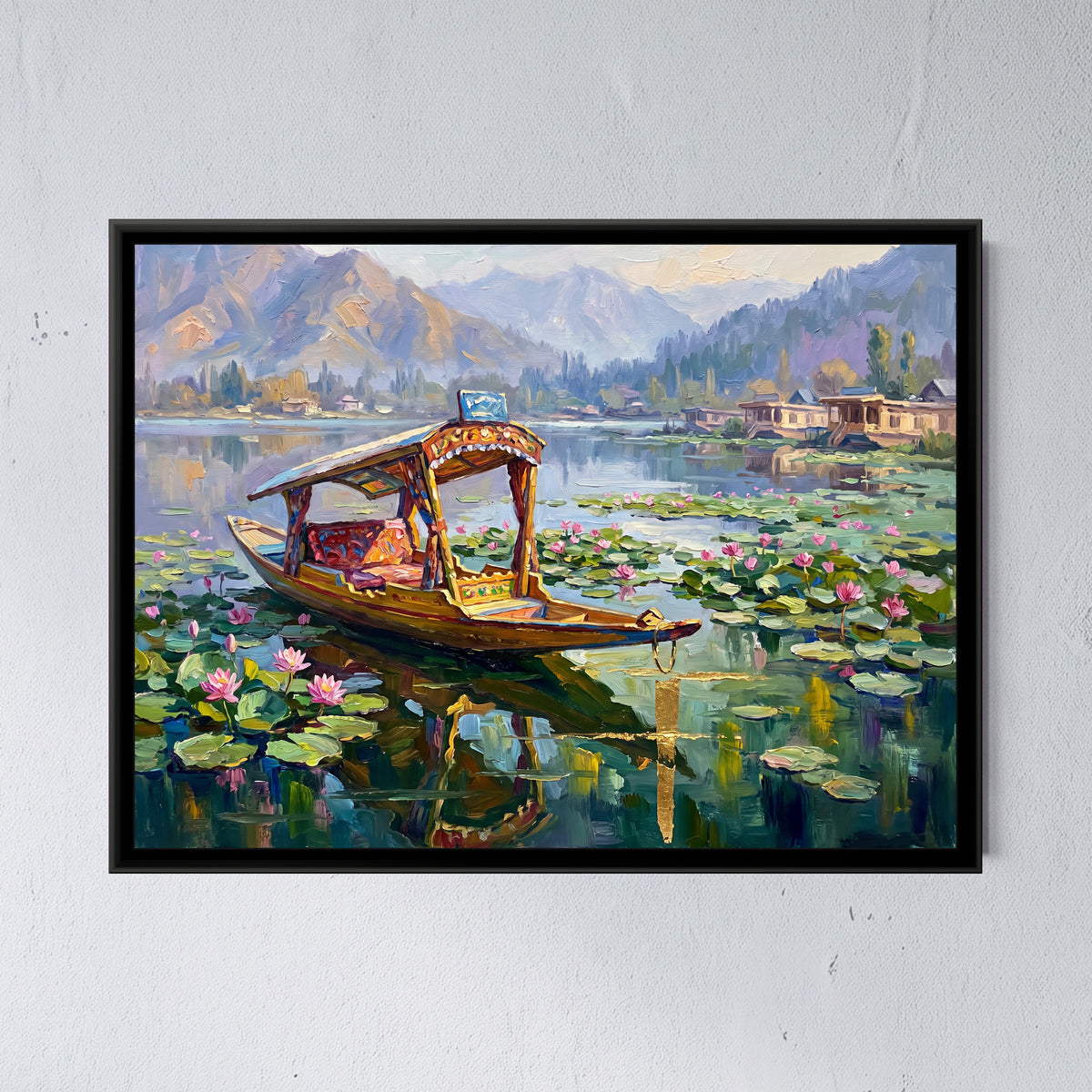 Empty Shikara among the Lotus, framed canvas print on a wall