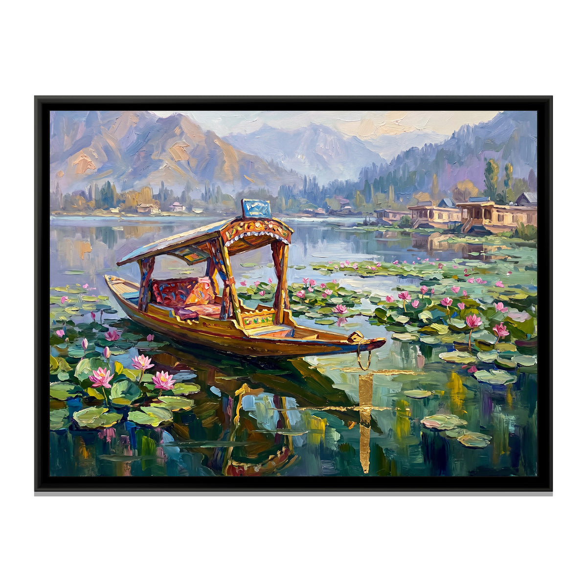 Empty Shikara among the Lotus, canvas print in a floater frame on a plain white background