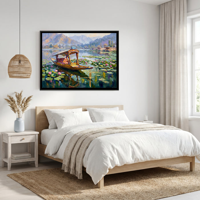 Empty Shikara among the Lotus, canvas print shown in a second room