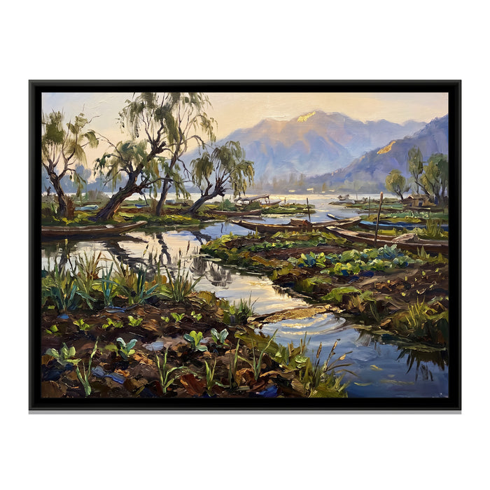 Floating Gardens of Dal Lake, canvas print in a floater frame on a plain white background