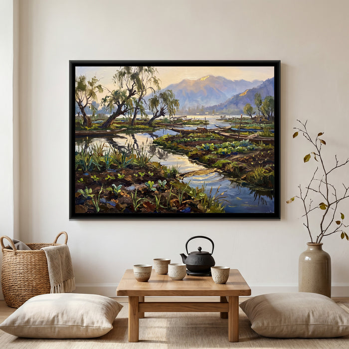 Floating Gardens of Dal Lake, canvas print shown in a room