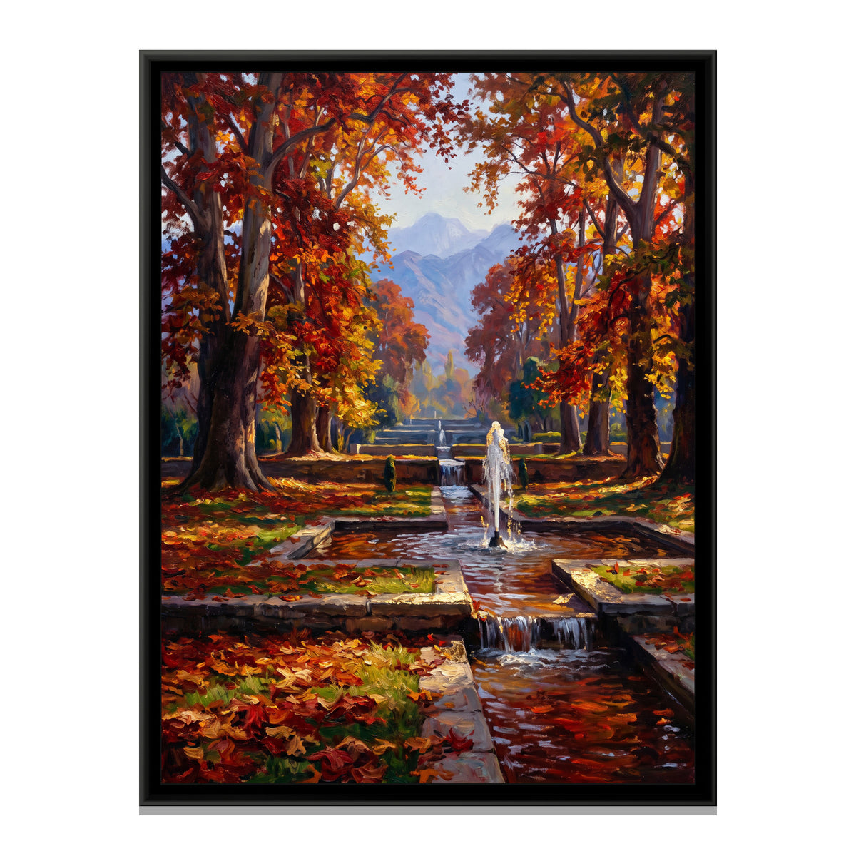 Chinar Terraces of a Mughal Garden, canvas print in a floater frame on a plain white background
