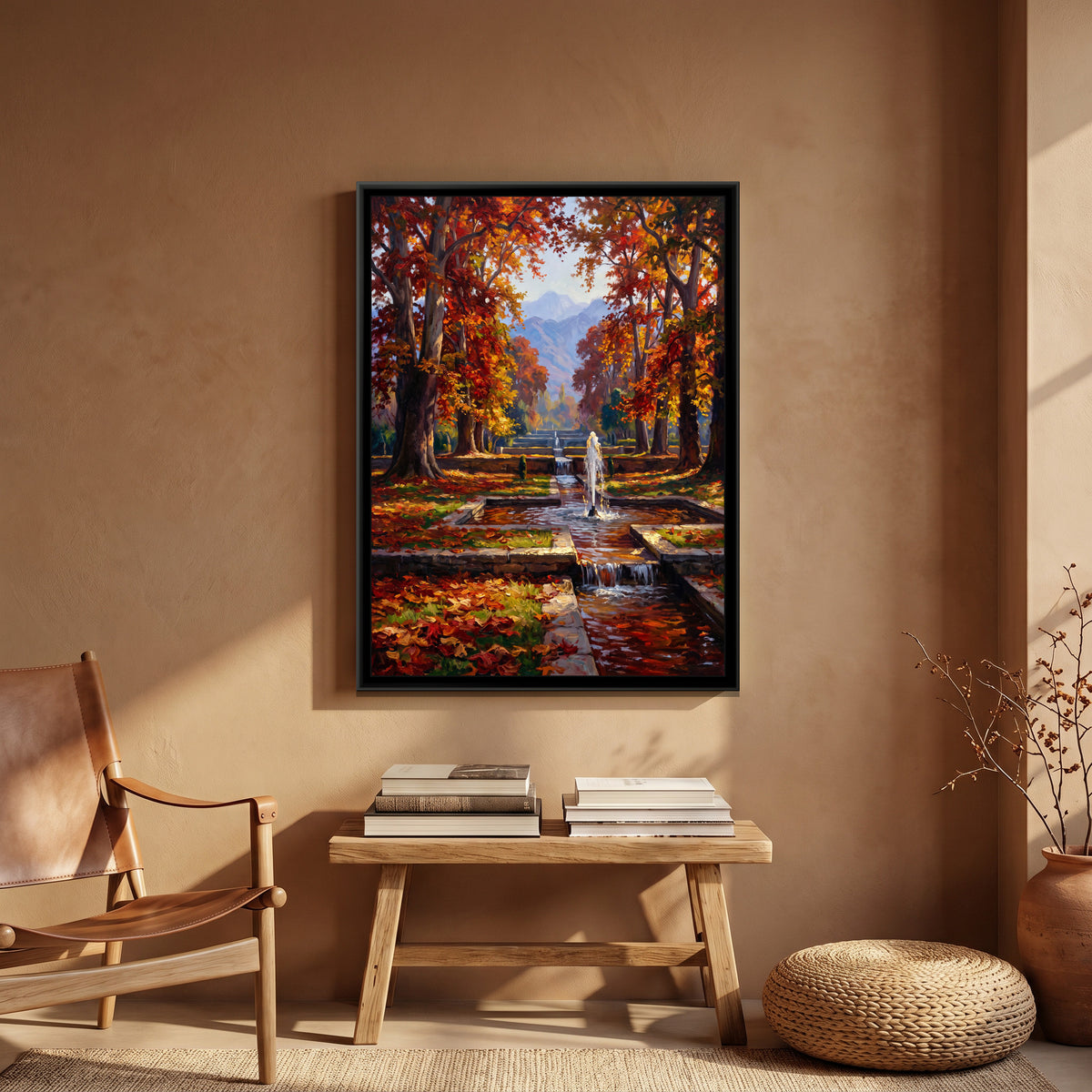 Chinar Terraces of a Mughal Garden, canvas print shown in a room