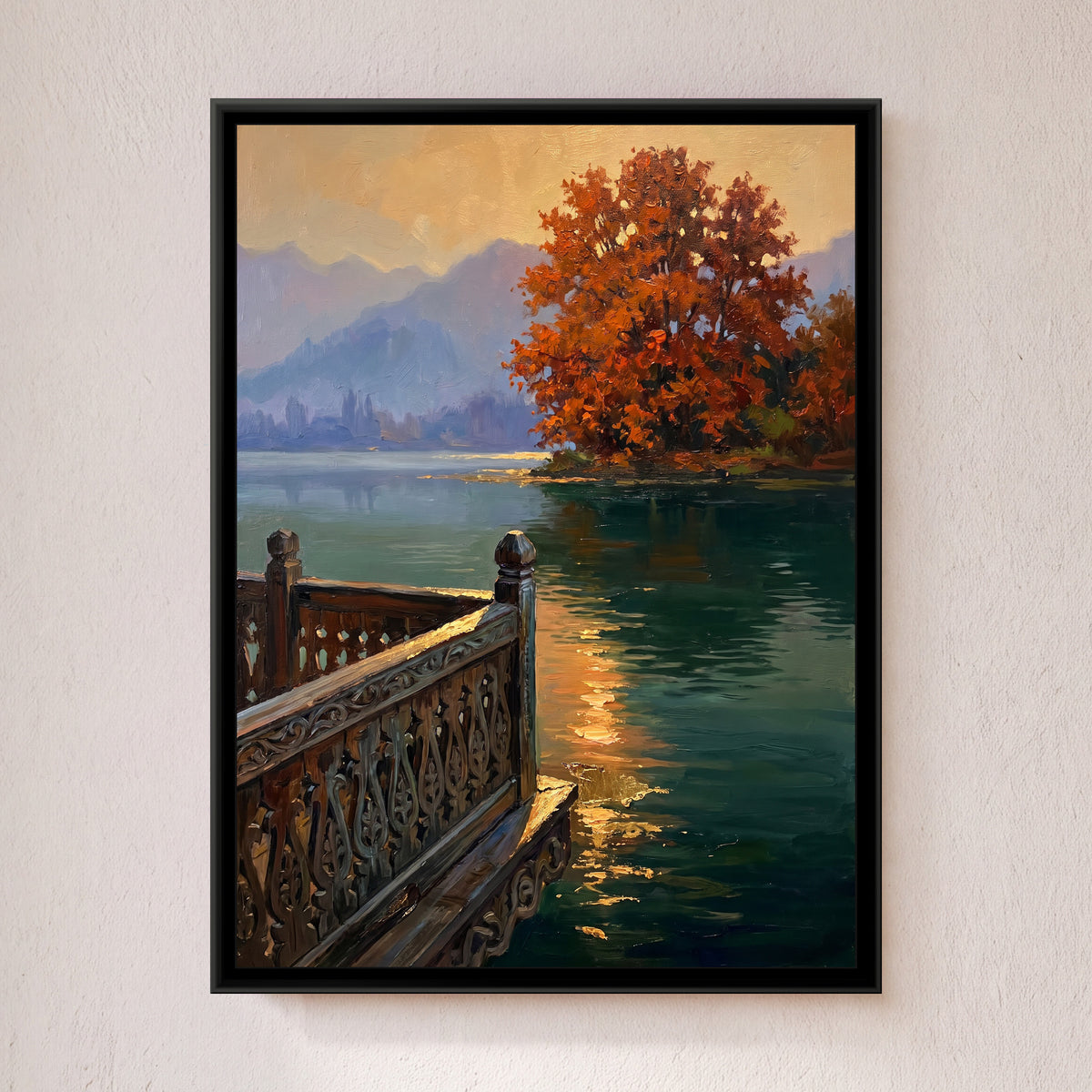 Carved Houseboat Balcony on Nigeen Lake, framed canvas print on a wall