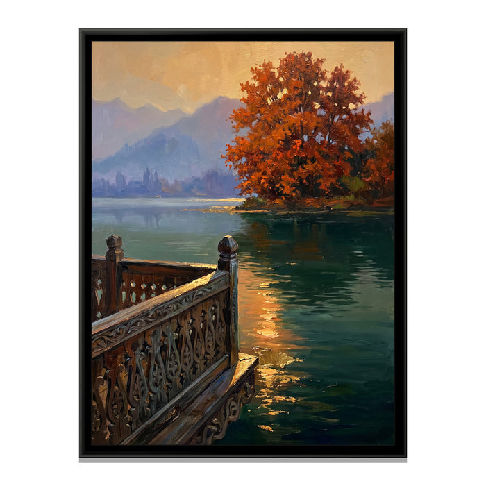 Carved Houseboat Balcony on Nigeen Lake, canvas print in a floater frame on a plain white background