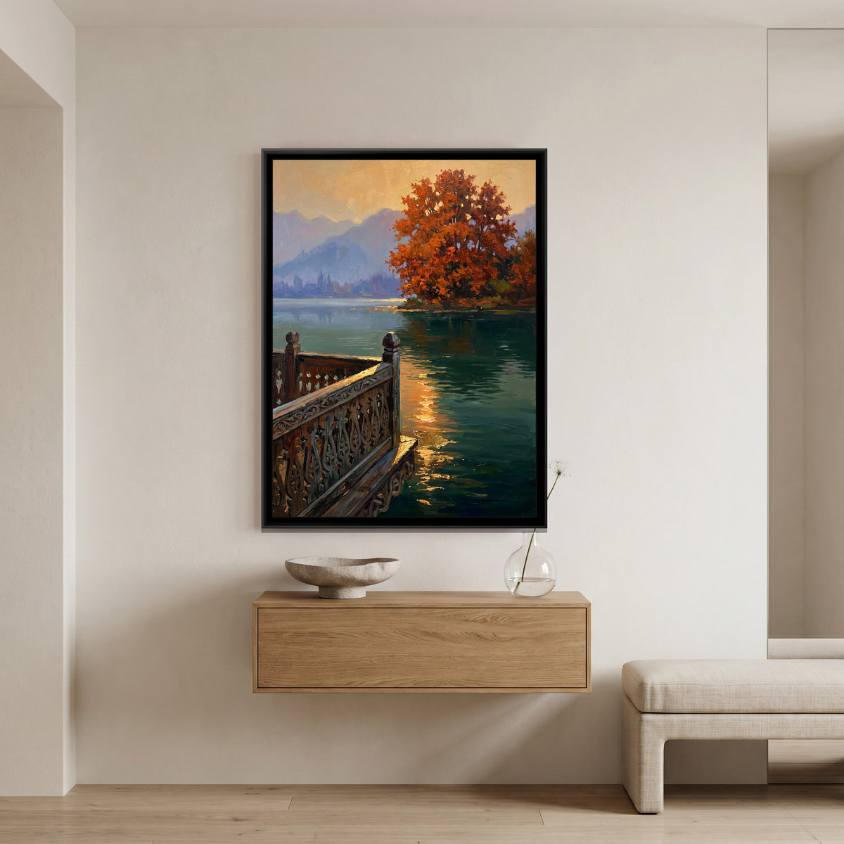 Carved Houseboat Balcony on Nigeen Lake, canvas print shown in a second room