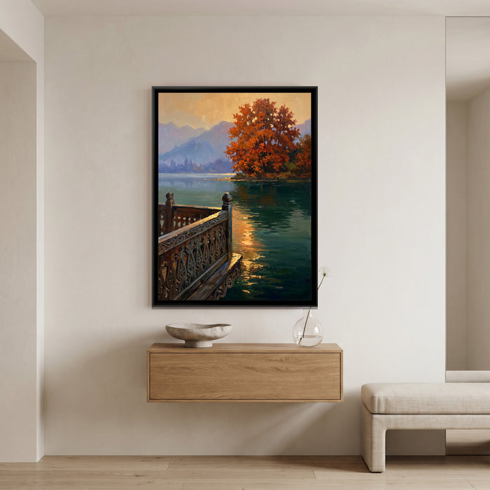 Carved Houseboat Balcony on Nigeen Lake, canvas print shown in a second room