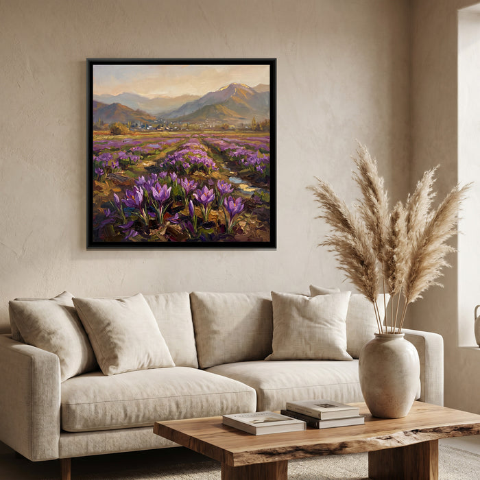 Saffron Fields in Bloom, canvas print shown in a room