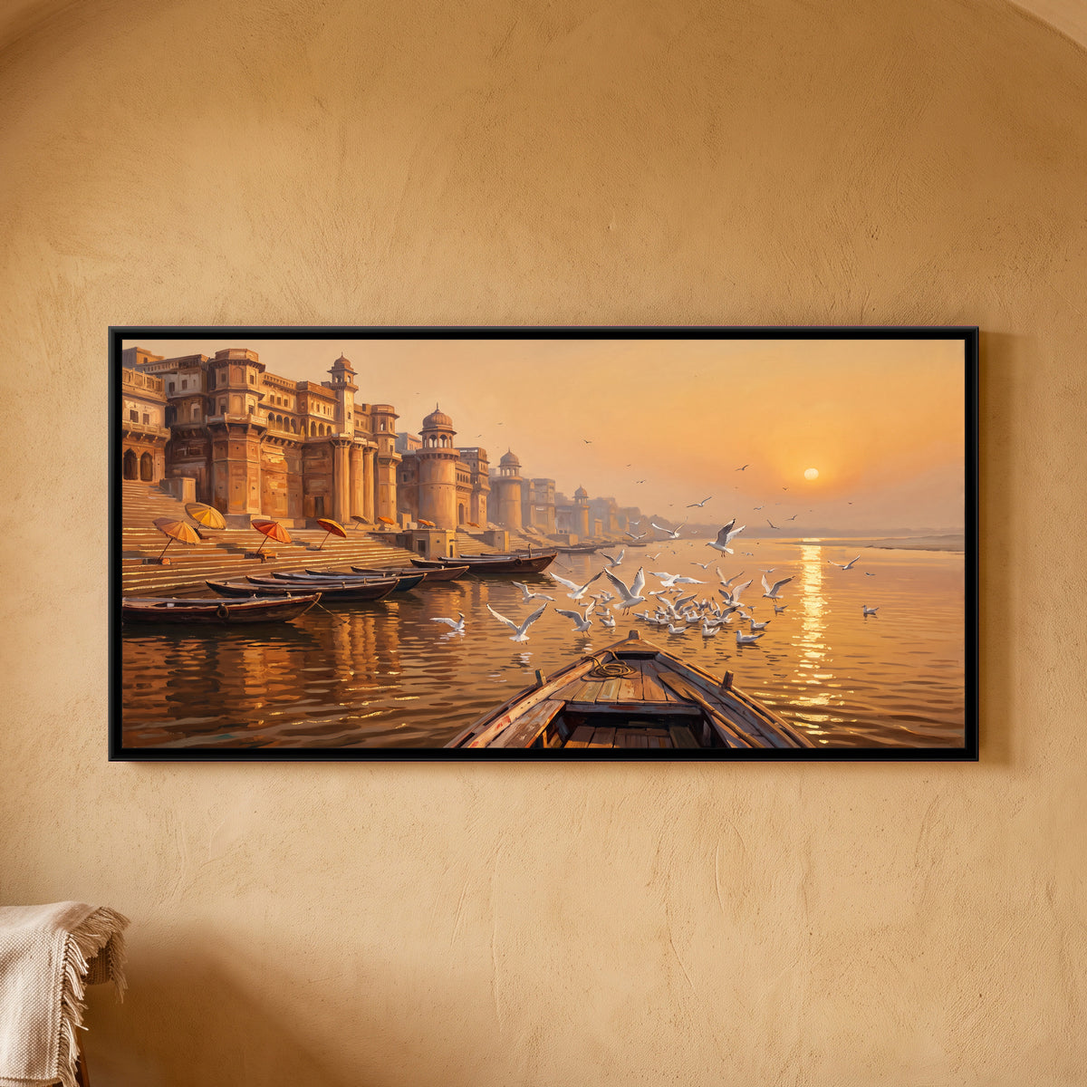 Gulls over the Palace Ghats at Winter Sunrise, framed canvas print on a wall