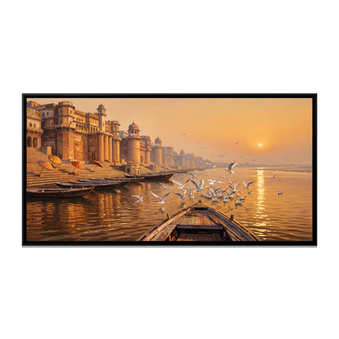 Gulls over the Palace Ghats at Winter Sunrise, canvas print in a floater frame on a plain white background