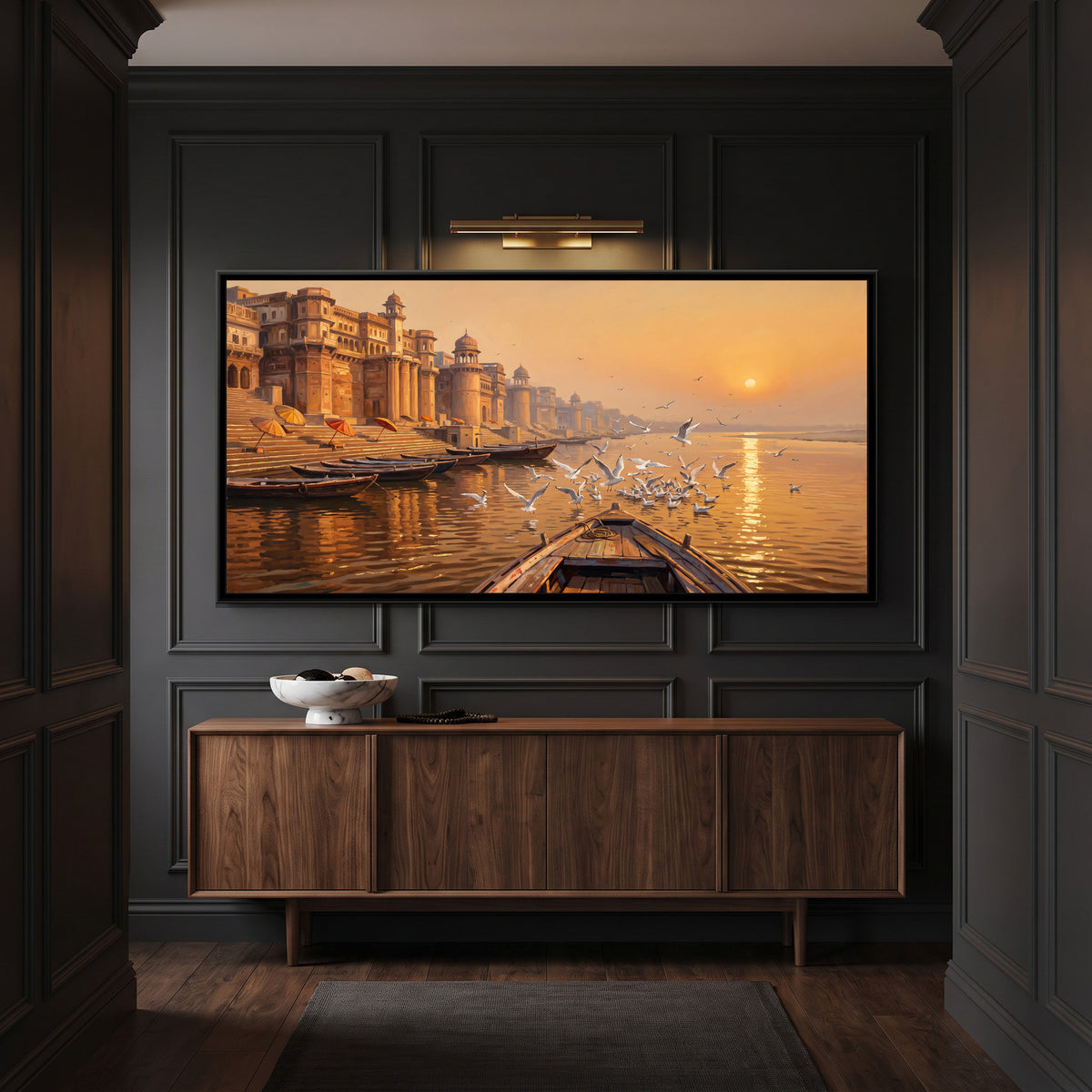Gulls over the Palace Ghats at Winter Sunrise, canvas print shown in a second room