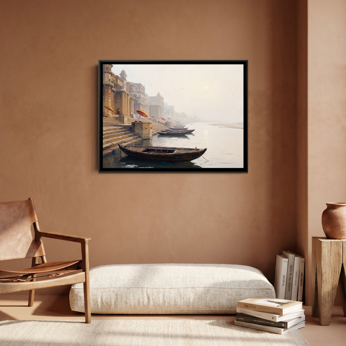 The Ghats in January Fog, canvas print shown in a room