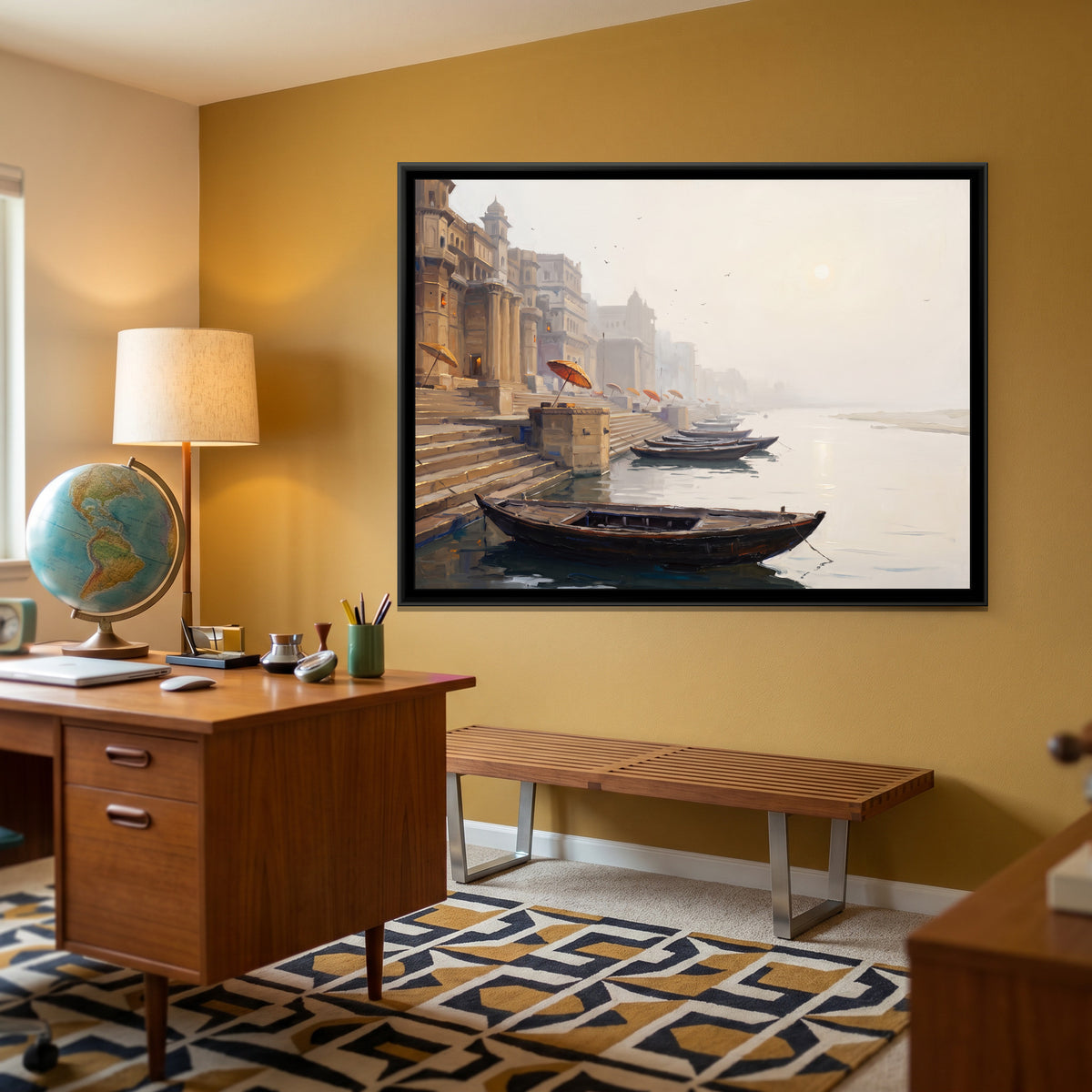 The Ghats in January Fog, canvas print shown in a second room