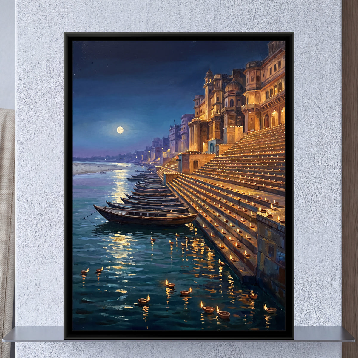 A Thousand Lamps on Dev Deepawali, framed canvas print on a wall