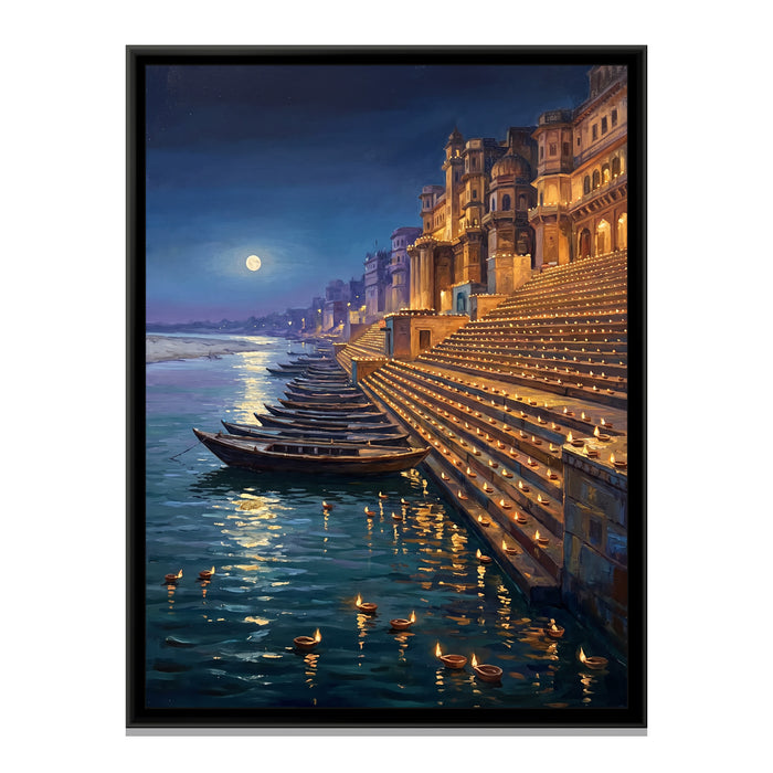 A Thousand Lamps on Dev Deepawali, canvas print in a floater frame on a plain white background